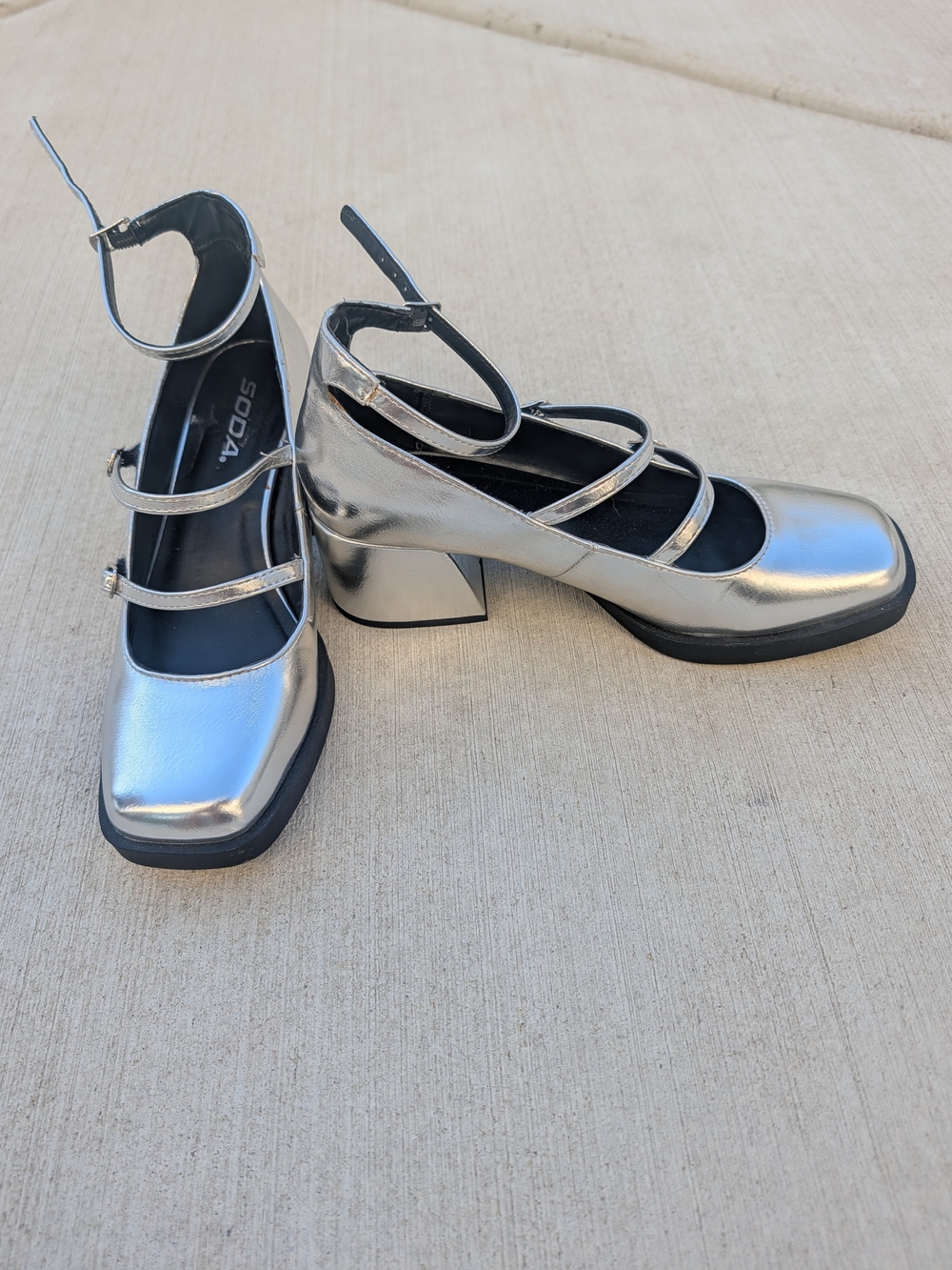 Soda Silver Metallic Mary Jane Block Heel Pumps